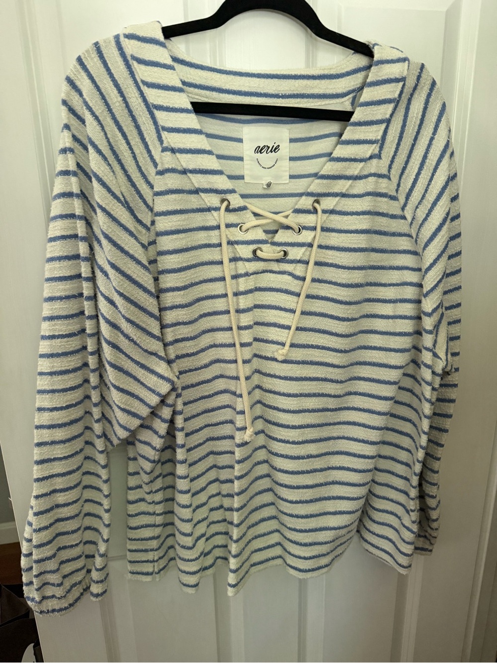 aerie Cream & Light Blue Striped Lace-Up Sweater